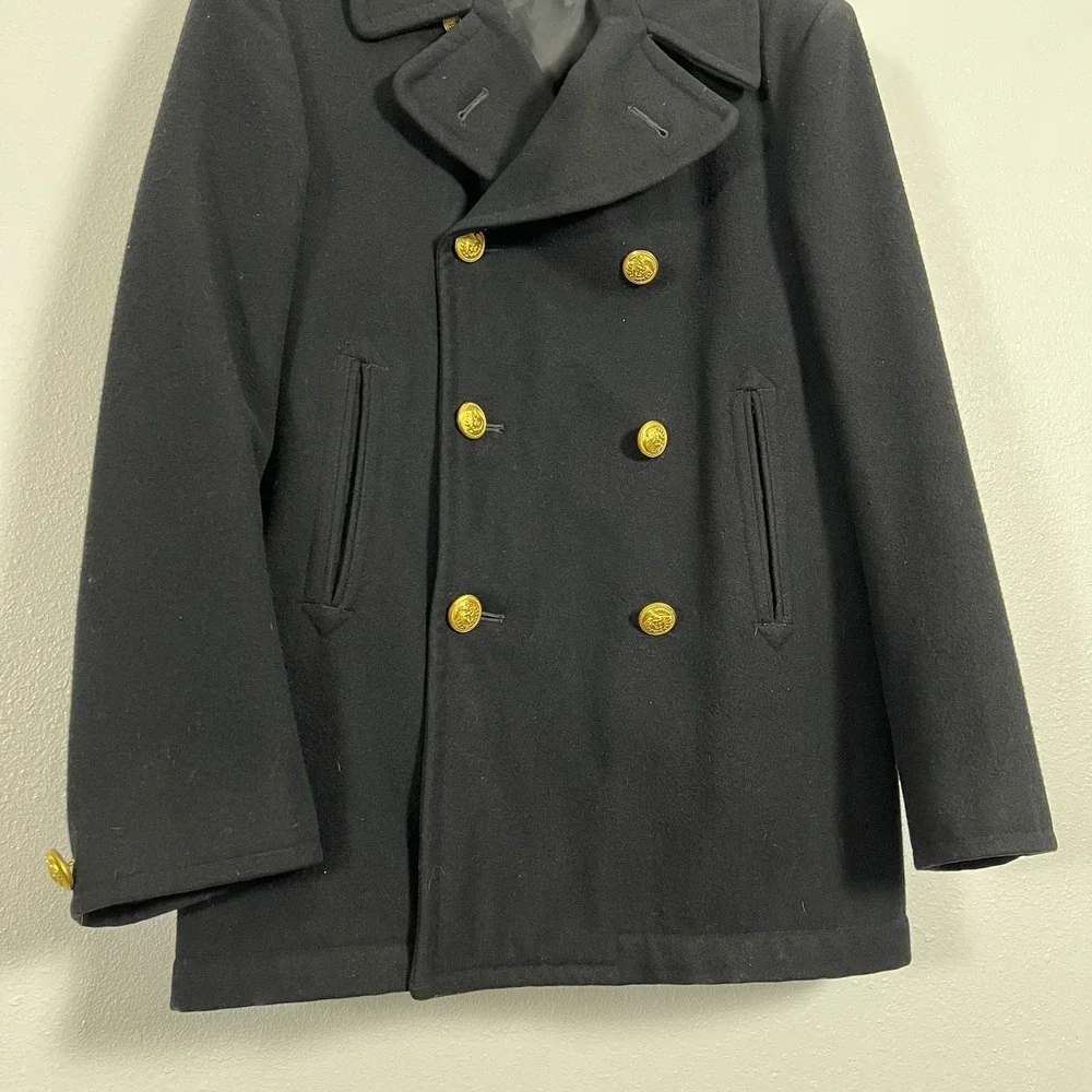 Mens Black Double Breasted Wool‎ Peacoat Military Style Gold Buttons 34S